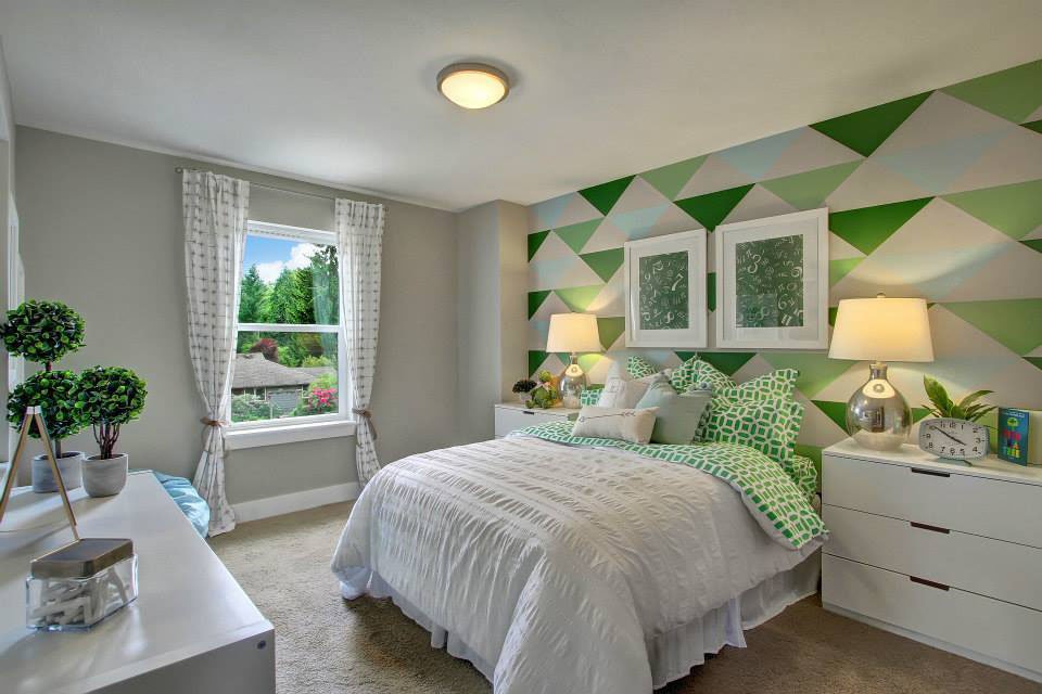 Bedroom with Green Pattern on wall